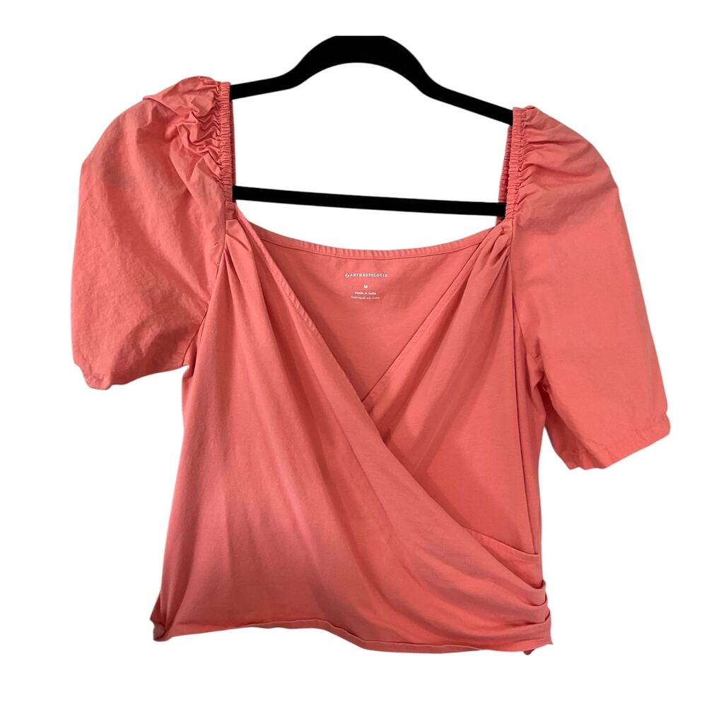Anthropologie Medium Coral Wrap Puff Sleeve Boho Romantic Cottagecore Soft Girl